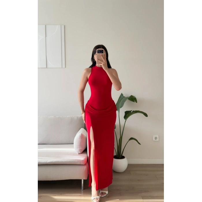 Bel Drape Halter Yırtmaçlı Elbise - KIRMIZI