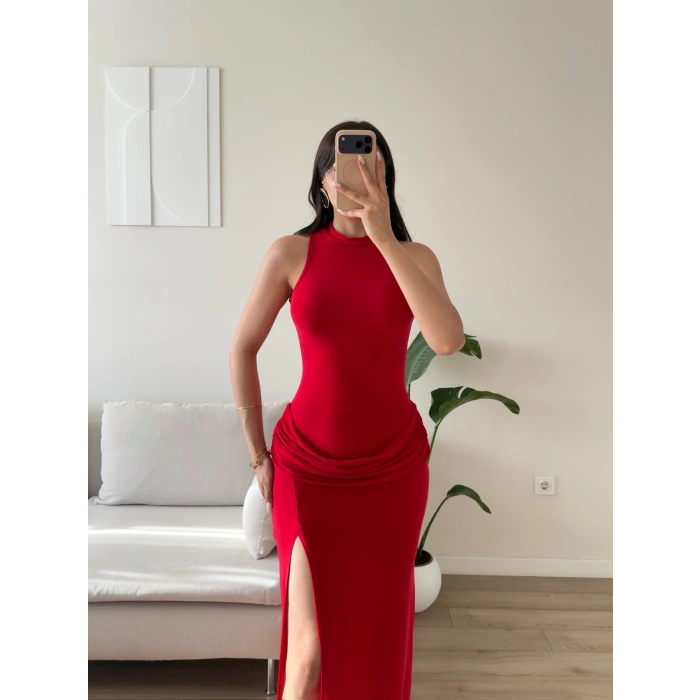 Bel Drape Halter Yırtmaçlı Elbise - KIRMIZI
