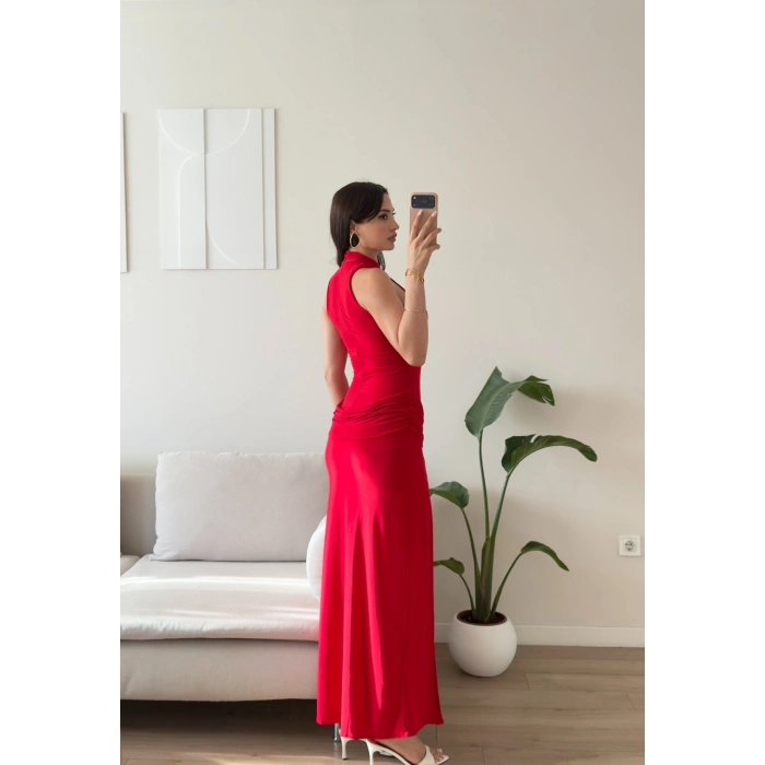 Bel Drape Halter Yırtmaçlı Elbise - KIRMIZI