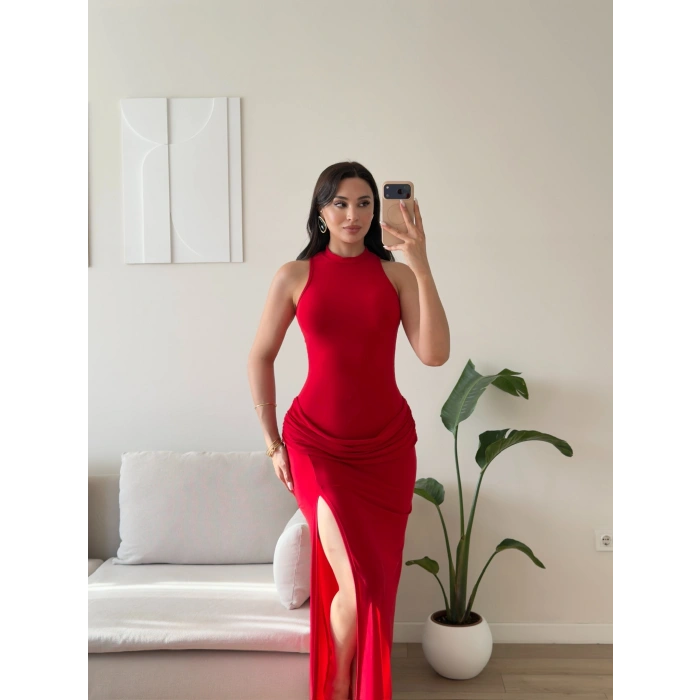 Bel Drape Halter Yırtmaçlı Elbise - KIRMIZI