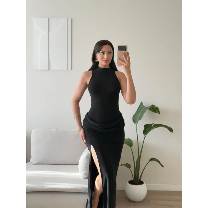 Bel Drape Halter Yırtmaçlı Elbise - SİYAH