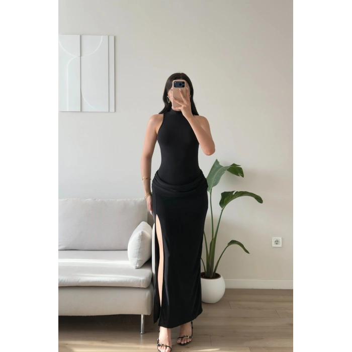Bel Drape Halter Yırtmaçlı Elbise - SİYAH