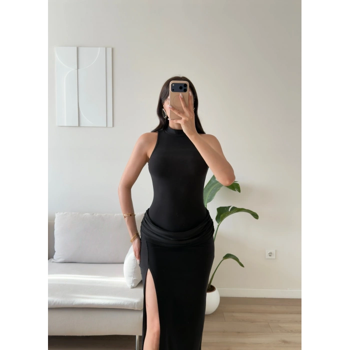Bel Drape Halter Yırtmaçlı Elbise - SİYAH