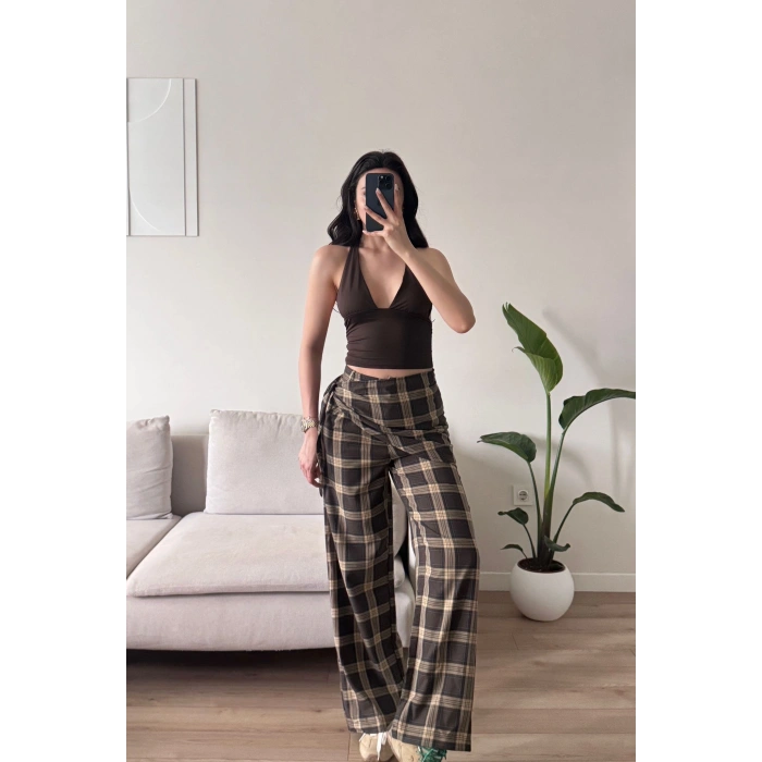 Bel Fular Ekose Pantolon - KAHVE