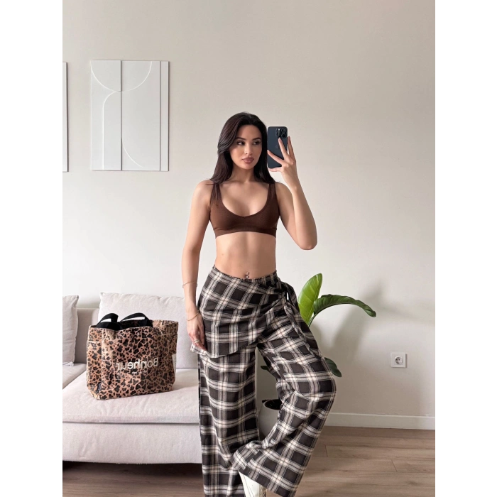 Bel Fular Ekose Pantolon - KAHVE
