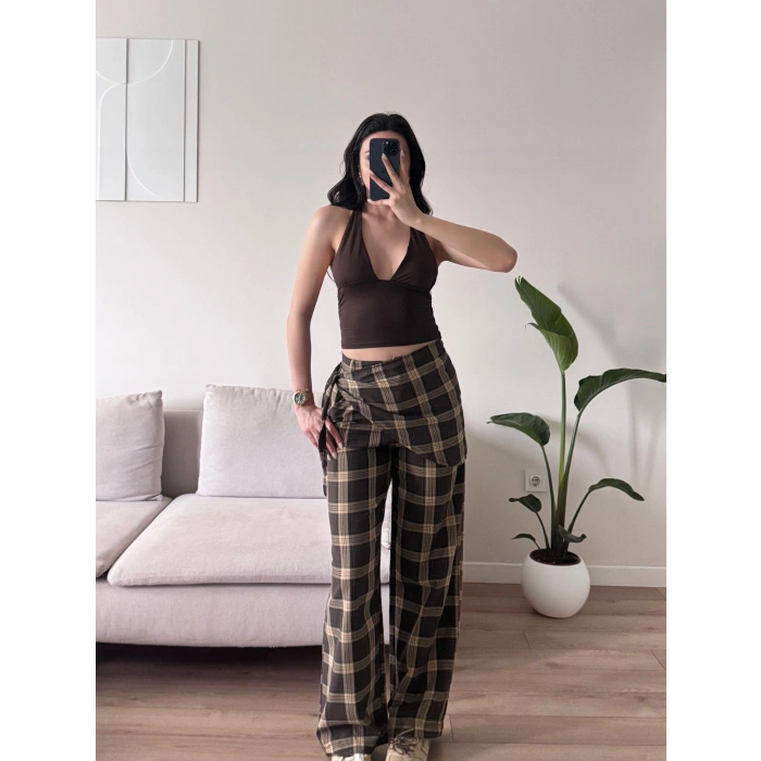 Bel Fular Ekose Pantolon - KAHVE