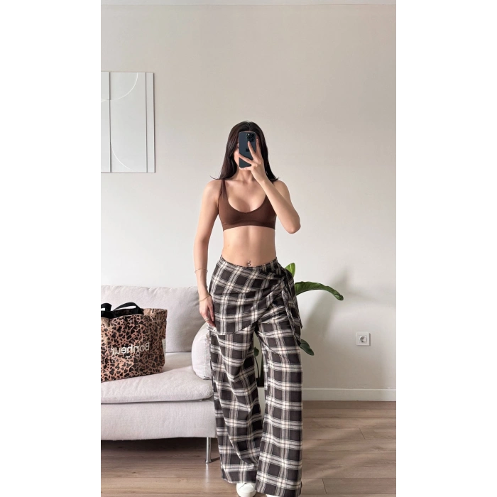 Bel Fular Ekose Pantolon - KAHVE