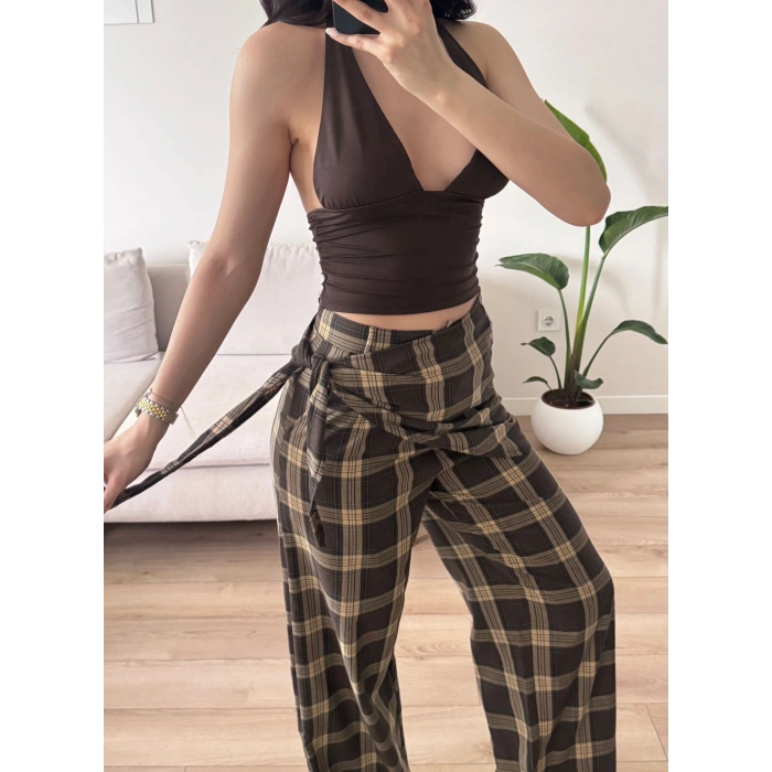 Bel Fular Ekose Pantolon - KAHVE