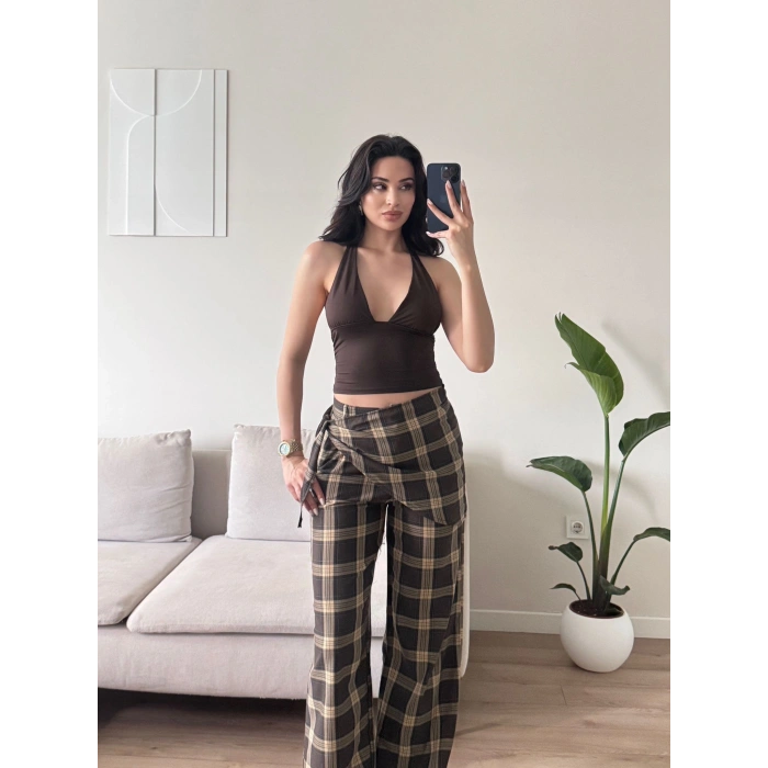 Bel Fular Ekose Pantolon - KAHVE