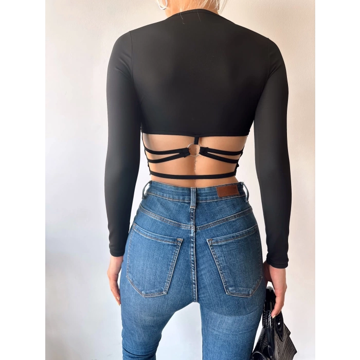 Bel Halka Detay Crop Bluz-SİYAH