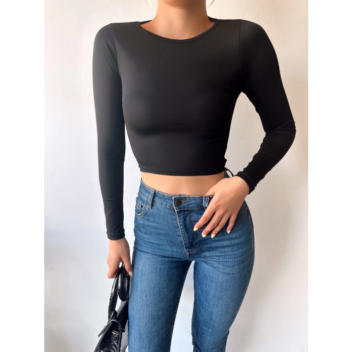 Bel Halka Detay Crop Bluz-SİYAH