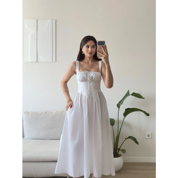 Bel Korse Askılı Prenses Elbise - BEYAZ