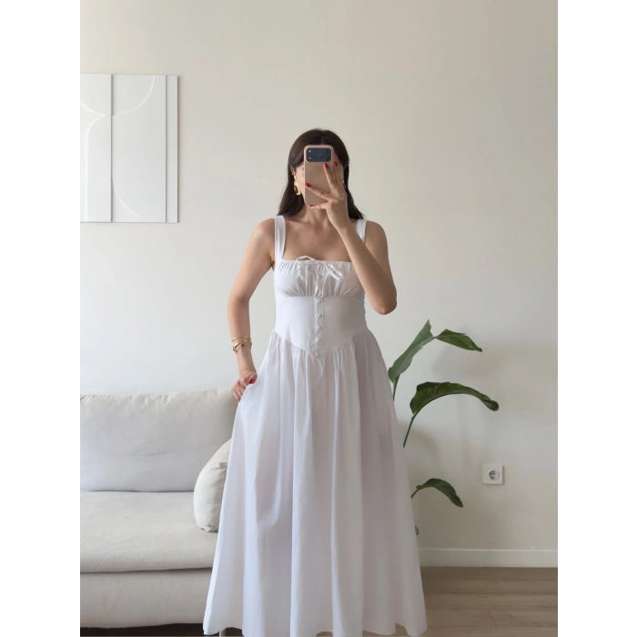 Bel Korse Askılı Prenses Elbise - BEYAZ