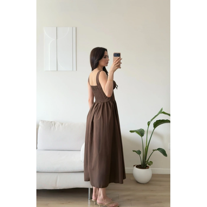 Bel Korse Askılı Prenses Elbise - KAHVE