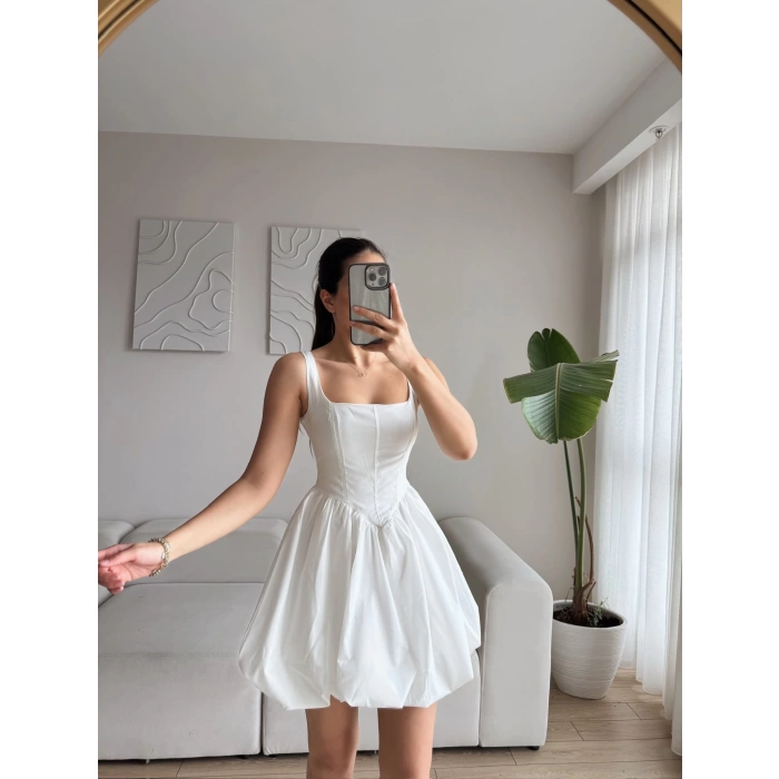 Bel Korse Balon Etek Elbise - BEYAZ
