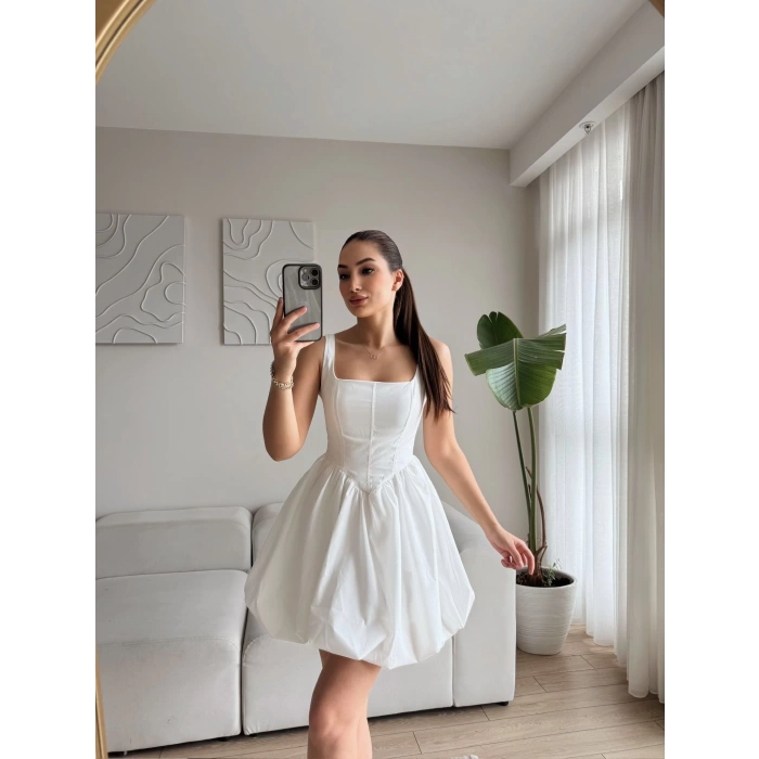 Bel Korse Balon Etek Elbise - BEYAZ