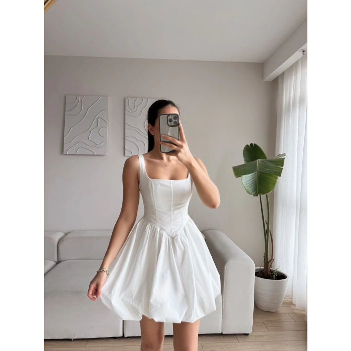 Bel Korse Balon Etek Elbise - BEYAZ