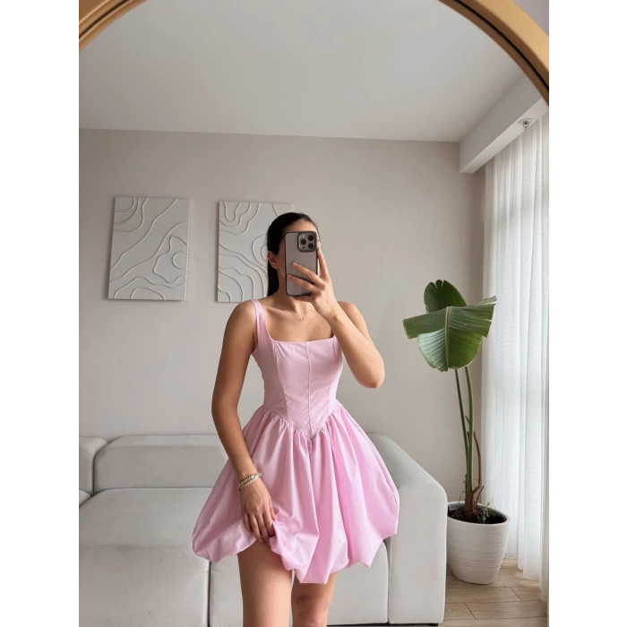Bel Korse Balon Etek Elbise - PUDRA