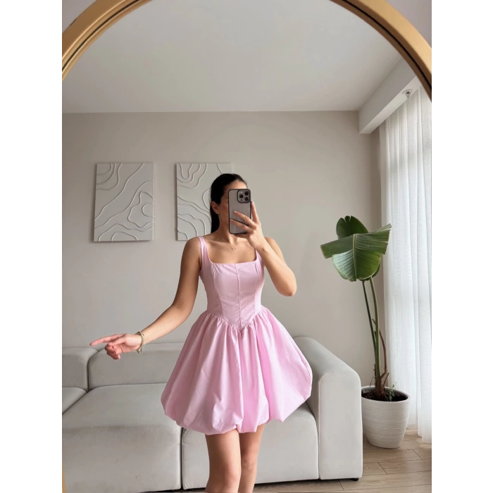 Bel Korse Balon Etek Elbise - PUDRA