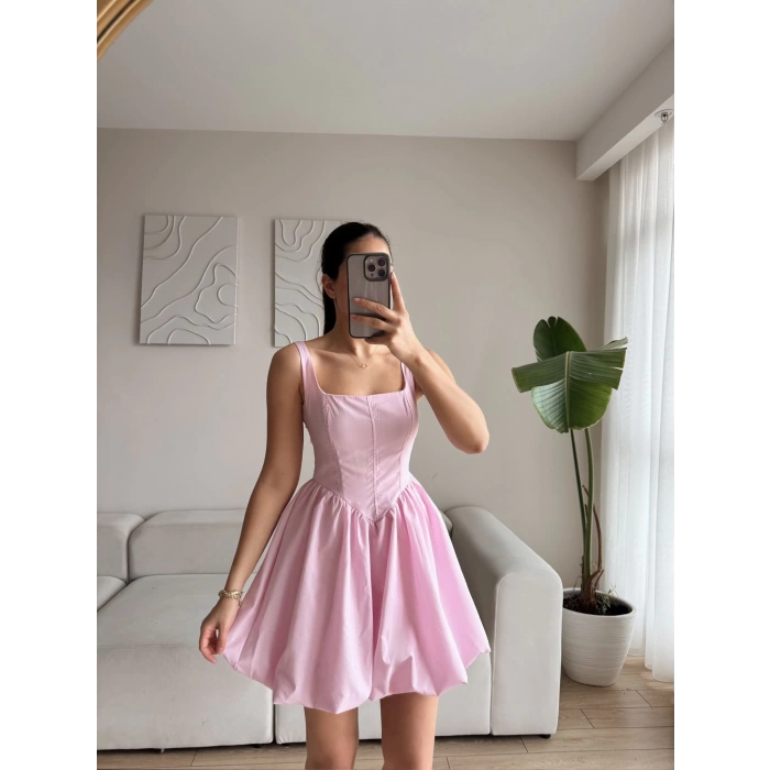 Bel Korse Balon Etek Elbise - PUDRA