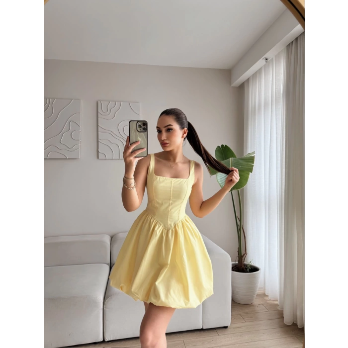 Bel Korse Balon Etek Elbise - SARI