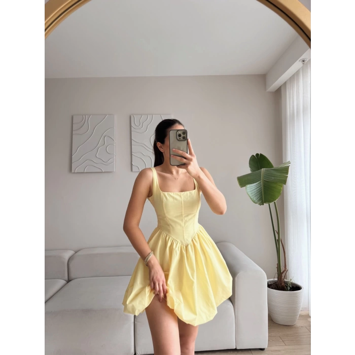 Bel Korse Balon Etek Elbise - SARI