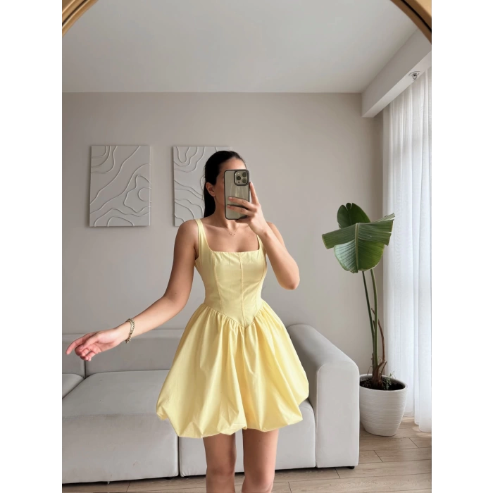 Bel Korse Balon Etek Elbise - SARI