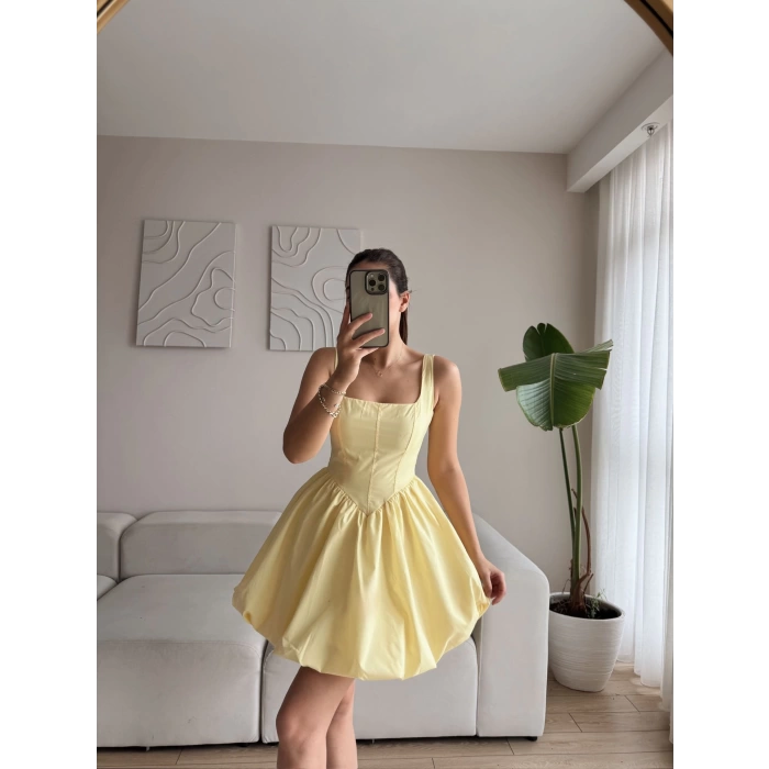 Bel Korse Balon Etek Elbise - SARI