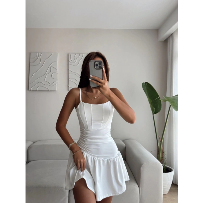 Bel Korse Biyeli Elbise - BEYAZ