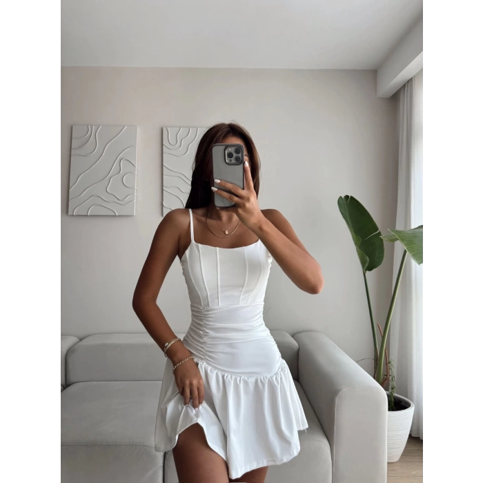 Bel Korse Biyeli Elbise - BEYAZ