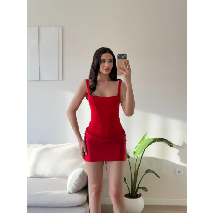Eteği Drape Bodysuit Elbise - KIRMIZI