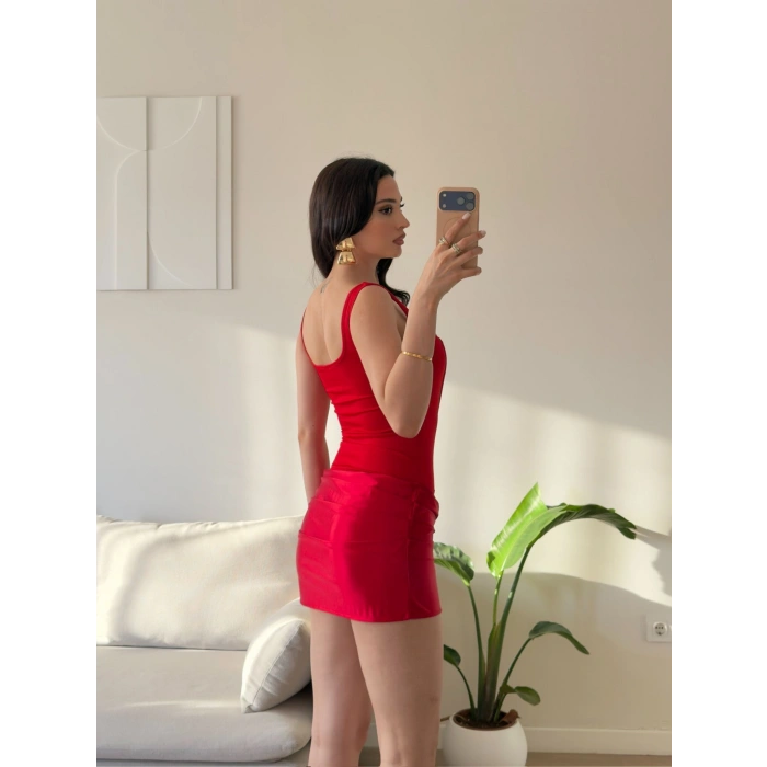 Eteği Drape Bodysuit Elbise - KIRMIZI