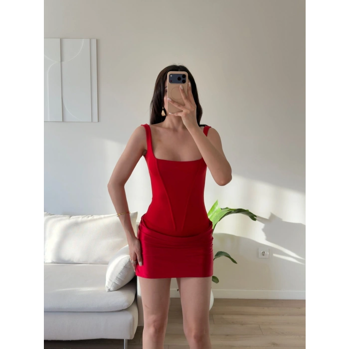 Eteği Drape Bodysuit Elbise - KIRMIZI