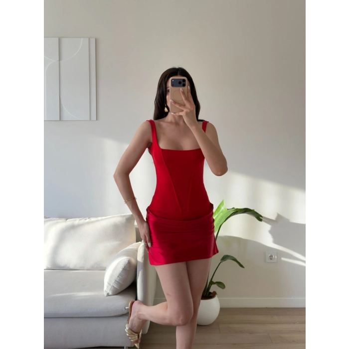 Eteği Drape Bodysuit Elbise - KIRMIZI