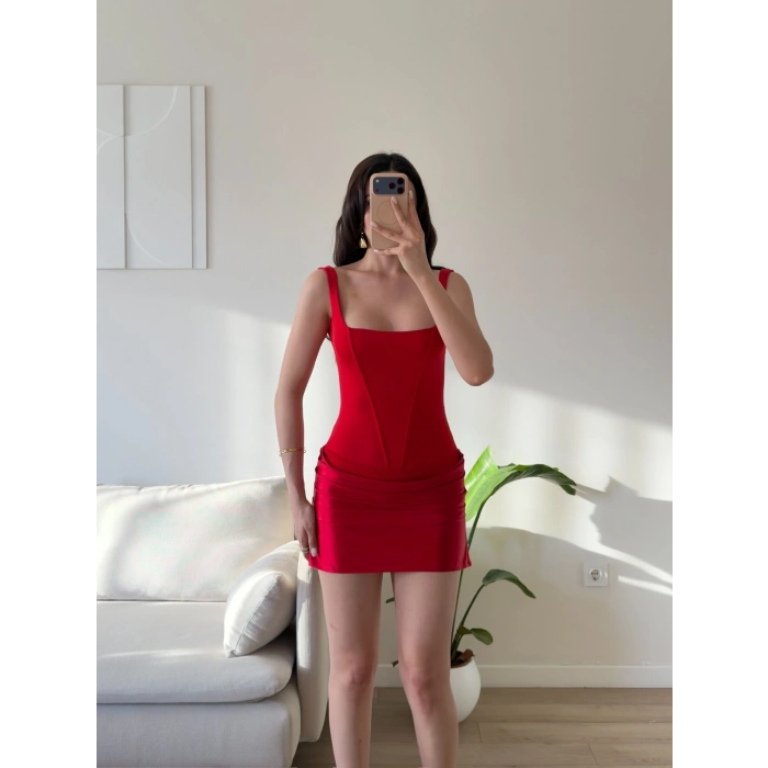 Eteği Drape Bodysuit Elbise - KIRMIZI
