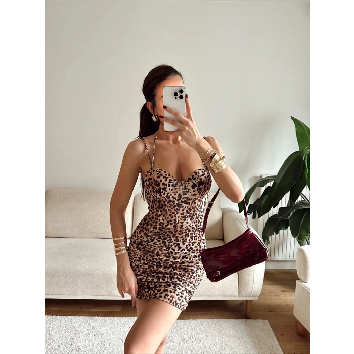 Bel Korse Çift Askılı Elbise - LEOPAR