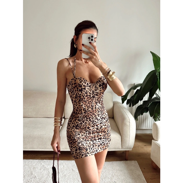 Bel Korse Çift Askılı Elbise - LEOPAR