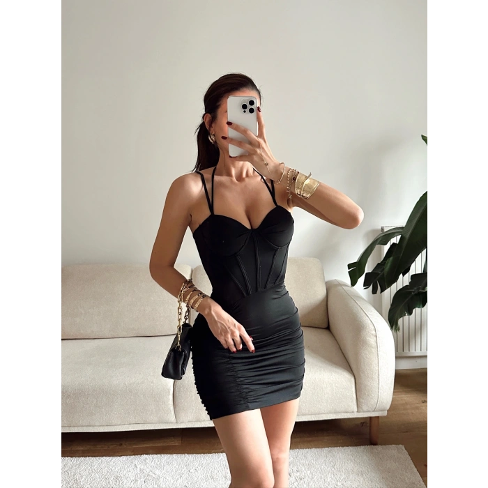 Bel Korse Çift Askılı Elbise - SİYAH