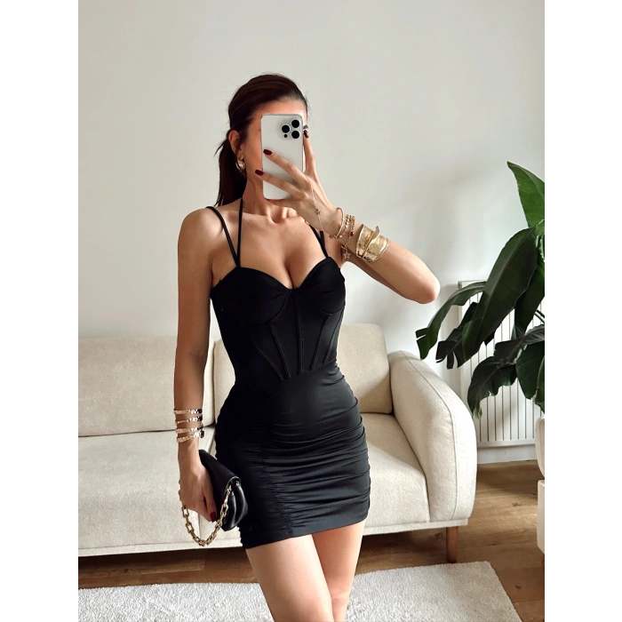 Bel Korse Çift Askılı Elbise - SİYAH