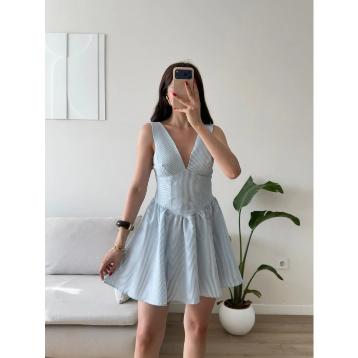 Bel Korse Çizgili Mini Elbise - MAVİ
