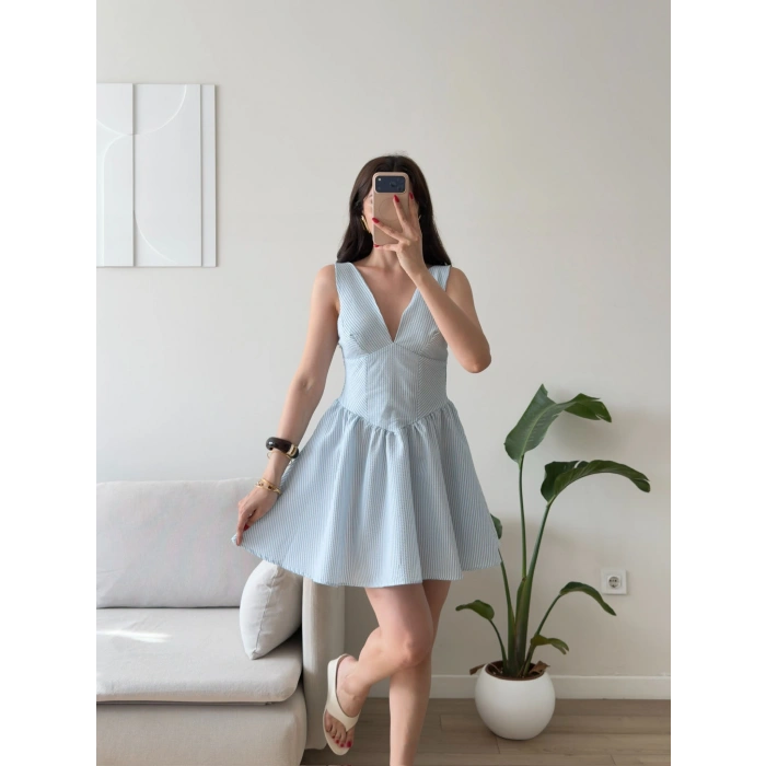 Bel Korse Çizgili Mini Elbise - MAVİ