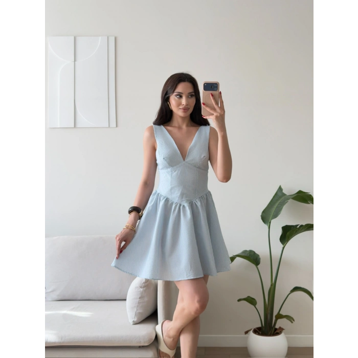 Bel Korse Çizgili Mini Elbise - MAVİ