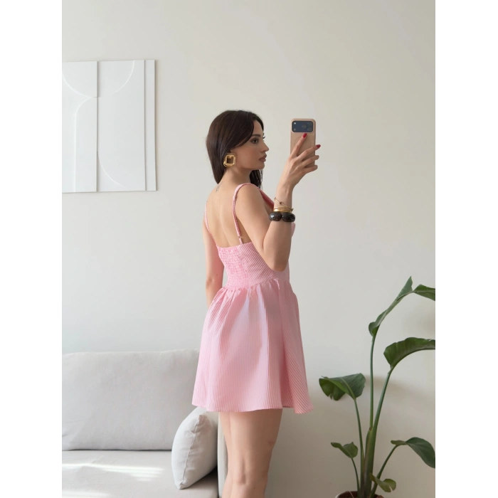 Bel Korse Çizgili Mini Elbise - PEMBE