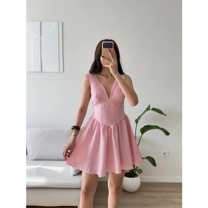 Bel Korse Çizgili Mini Elbise - PEMBE