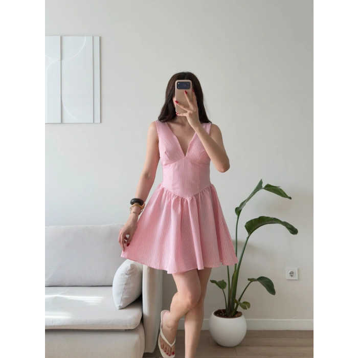 Bel Korse Çizgili Mini Elbise - PEMBE