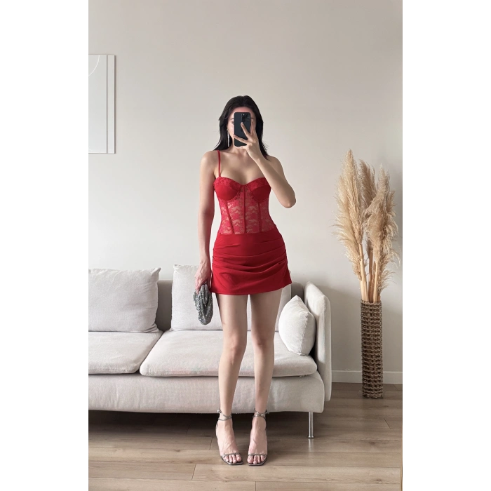 Bel Korse Dantel Detay Elbise - KIRMIZI