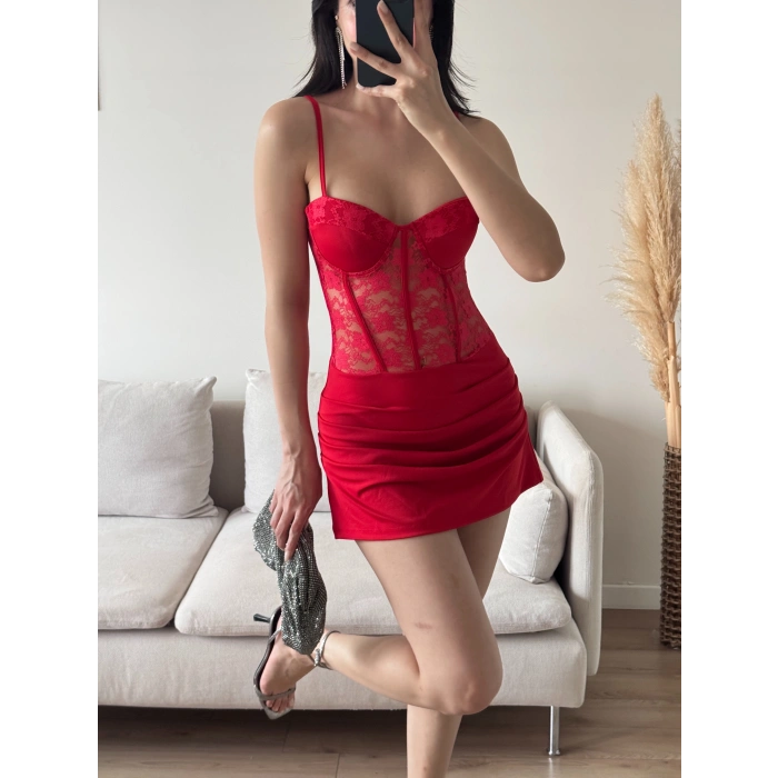 Bel Korse Dantel Detay Elbise - KIRMIZI