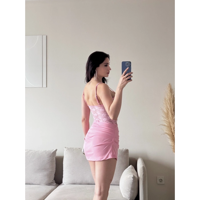 Bel Korse Dantel Detay Elbise - PEMBE