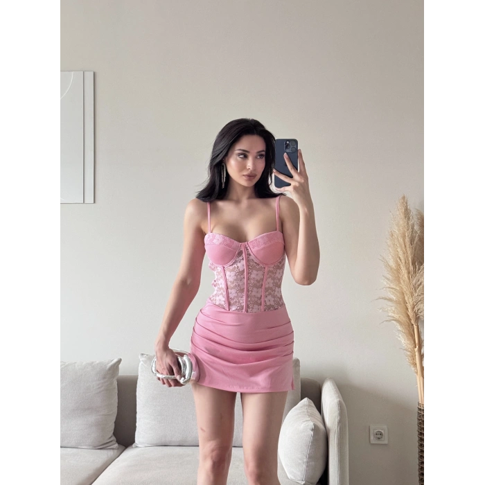 Bel Korse Dantel Detay Elbise - PEMBE