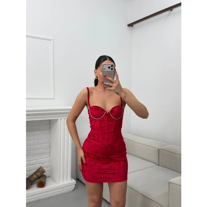 Bel Korse Kadife Elbise - KIRMIZI